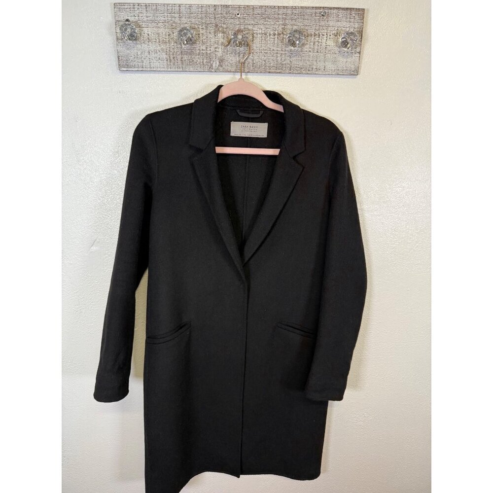 Zara Basic Womens Black Coat XS Longline Wool Blend Outerwear Pockets Button - Picture 12 of 15
